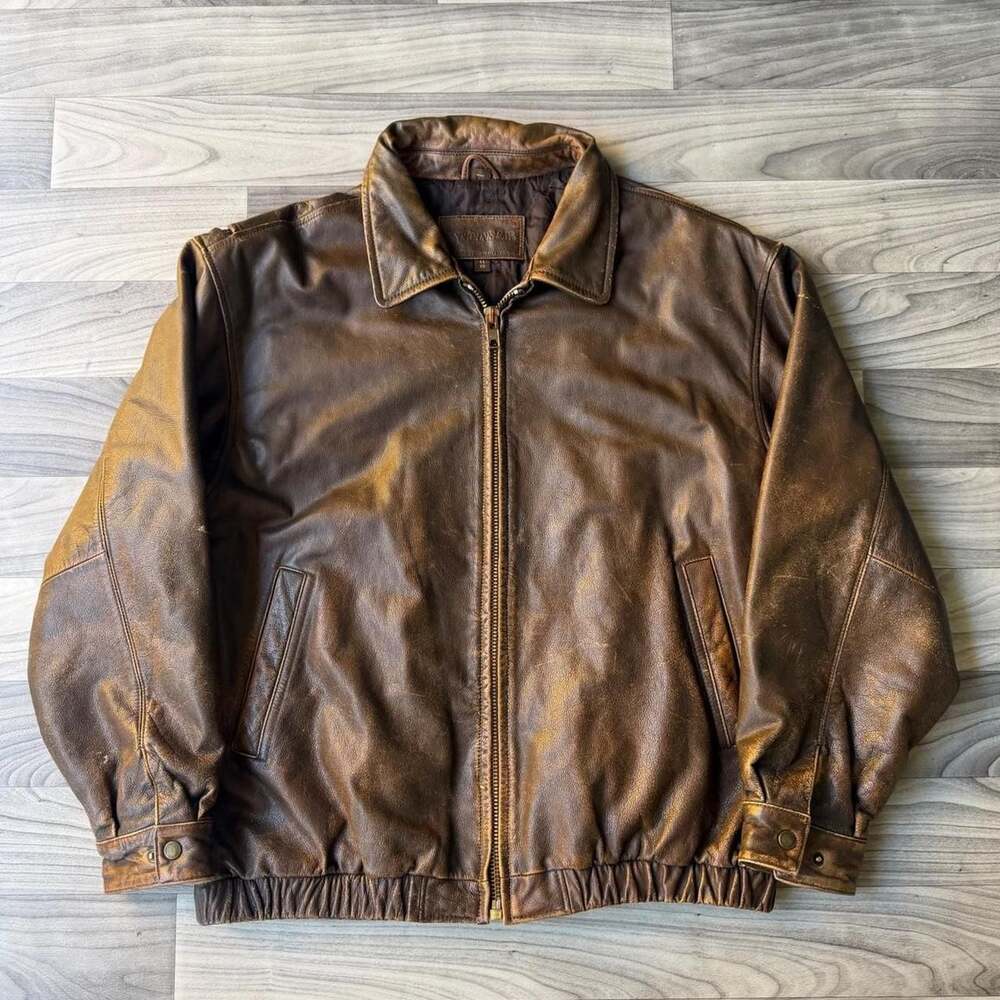 St. John's Bay Vintage Brown Leather Bomber Jacket Mens XL